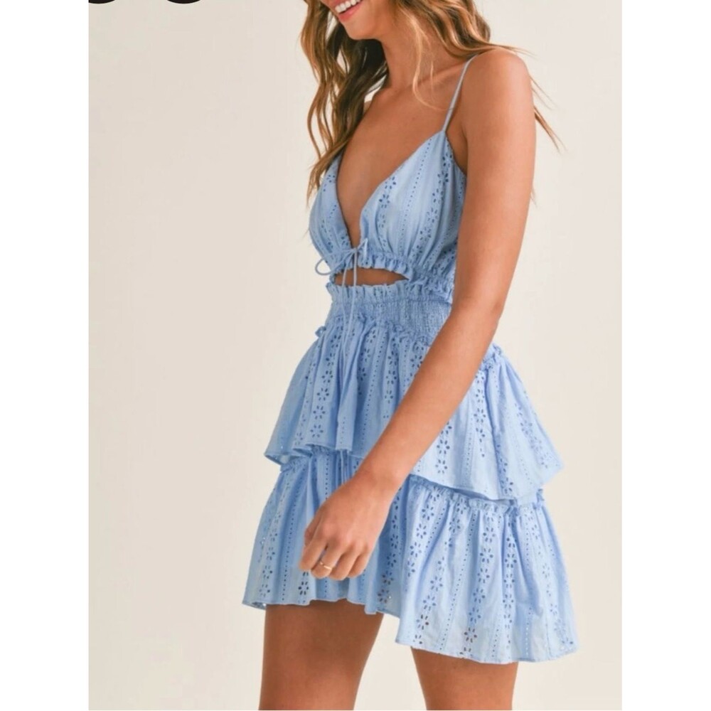 NEW Mable size large Eyelet Lace Ruffle Tie Front Mini Dress Blue